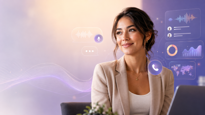 Geschäftsfrau nutzt Omnesto Voice AI am Telefon, im Hintergrund Sprach- und Datenvisualisierungen